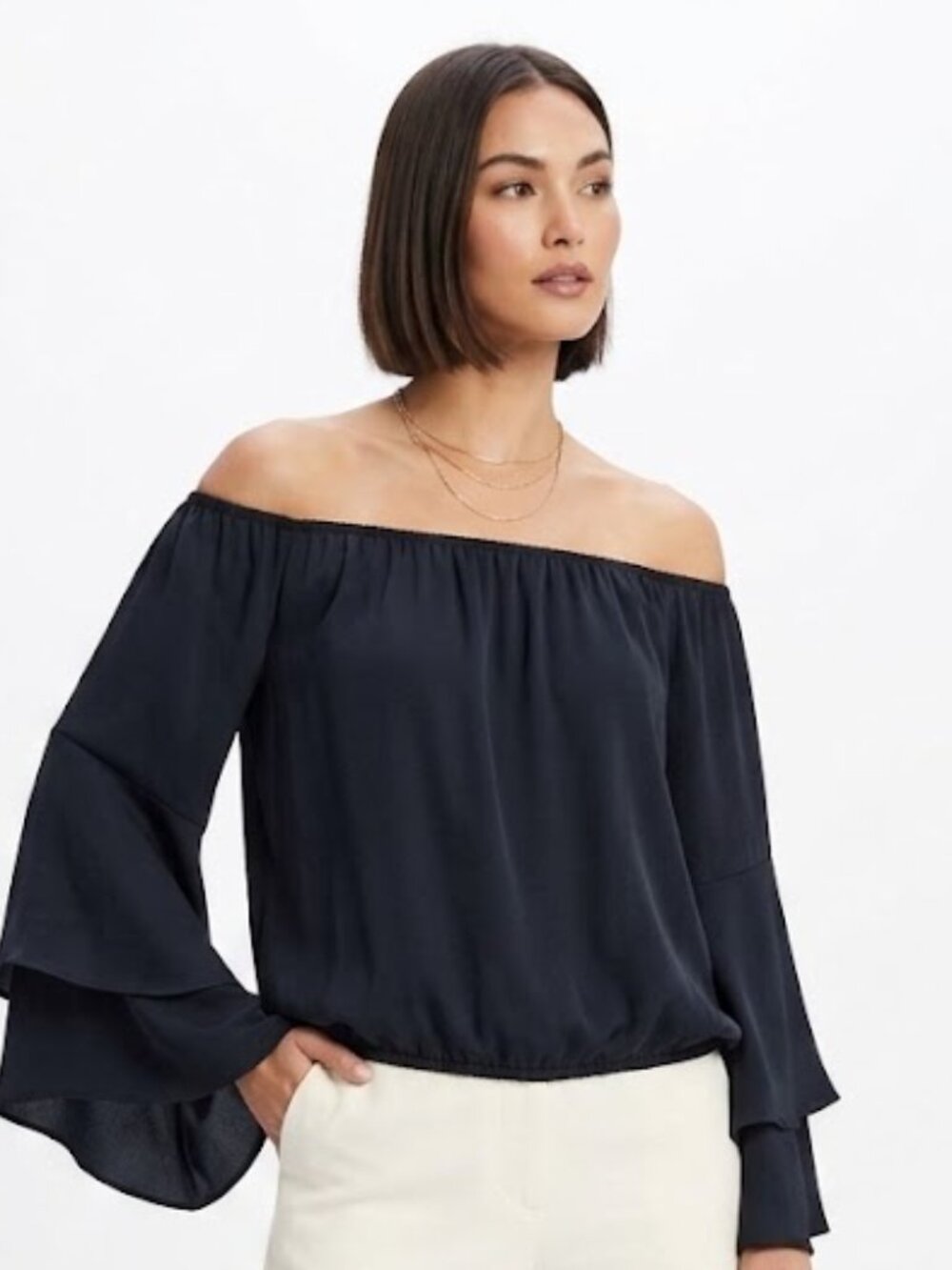 Moa Moa Women’s Ruffled Cuff Top Black XS Long Sleeve Gathered Scoop Neck